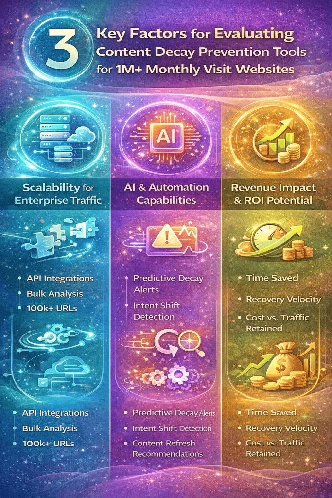 Evaluvating content decay tools based on 3 criteria - an infographic