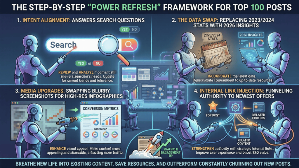 Step by step framework infographic on refreshing a blog content