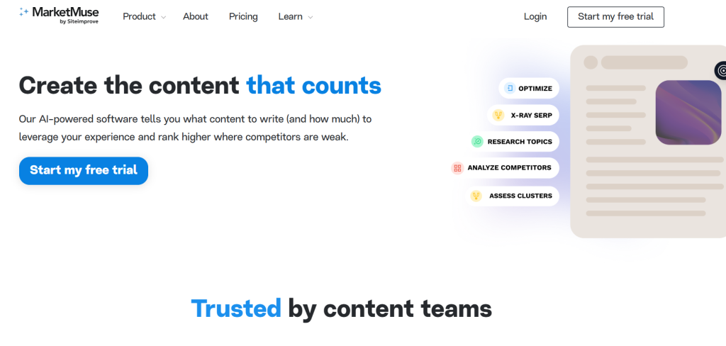 MarketMuse seo optimization tool home page