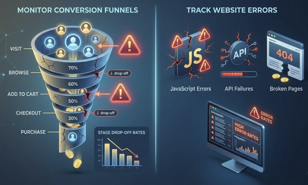 monitor conversion funnels and track website errors
