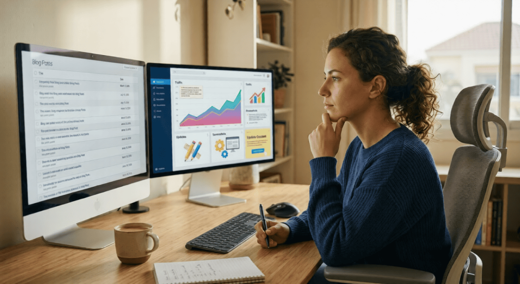 A person deciding on SEO updates for a blog