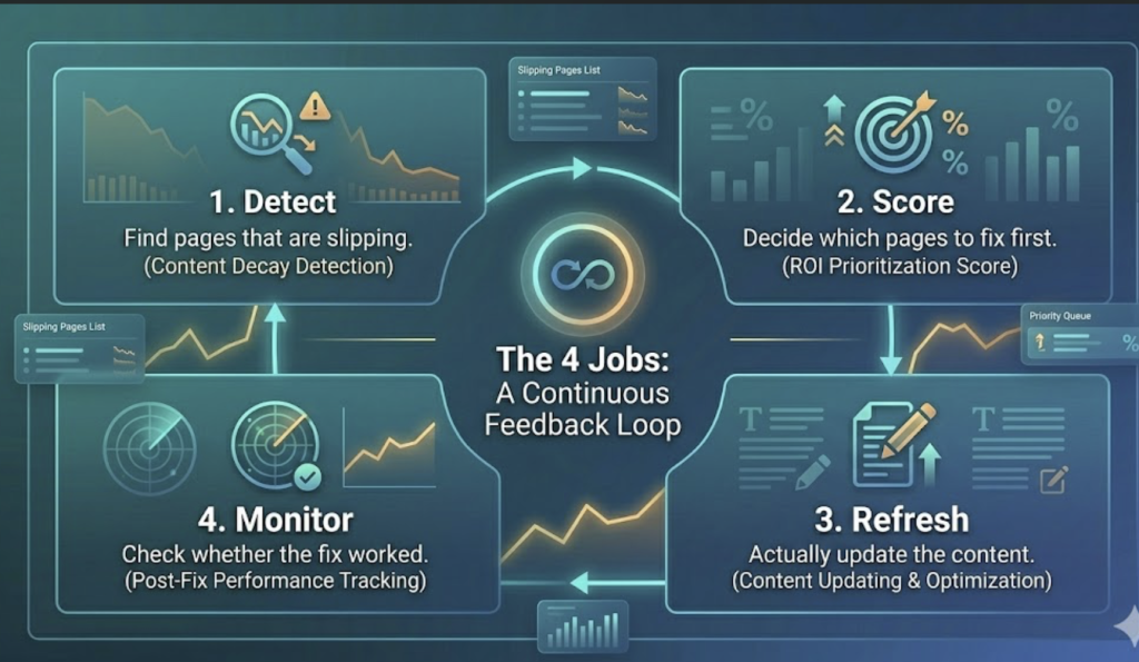 Diagram of the content refresh loop: detect, score, refresh, monitor