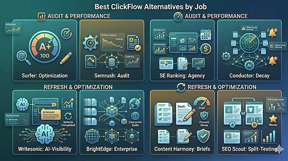 Comparison grid of ClickFlow alternatives grouped by job