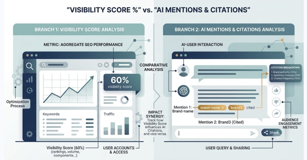 Diagram contrasting classic visibility score with AI search visibility tracking