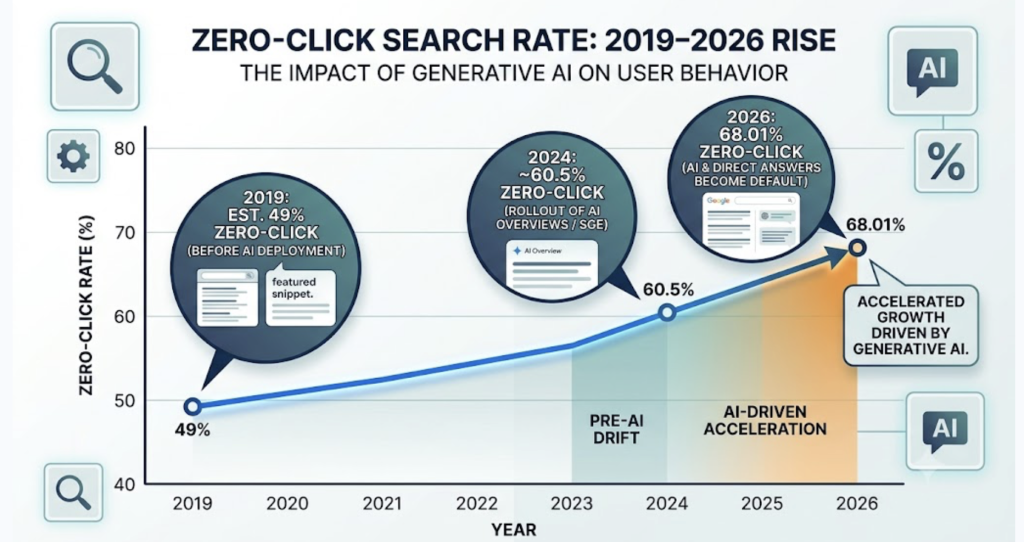 Line chart showing US Google zero-click search rate rising to 68 percent by 2026
