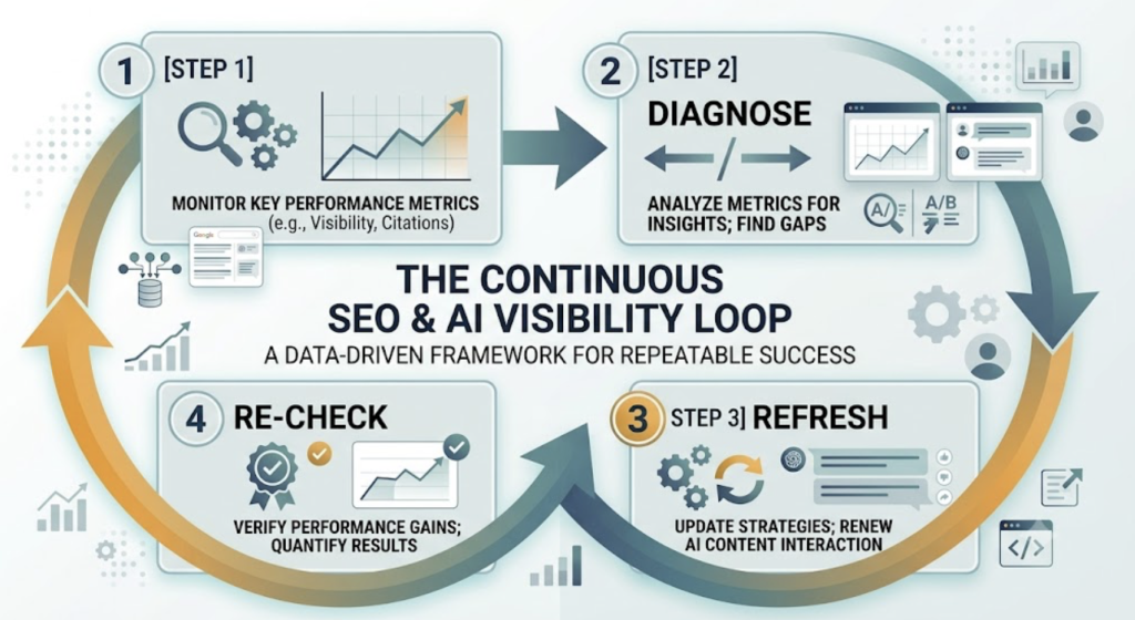 Four-step workflow to track diagnose refresh and recheck lost AI search visibility