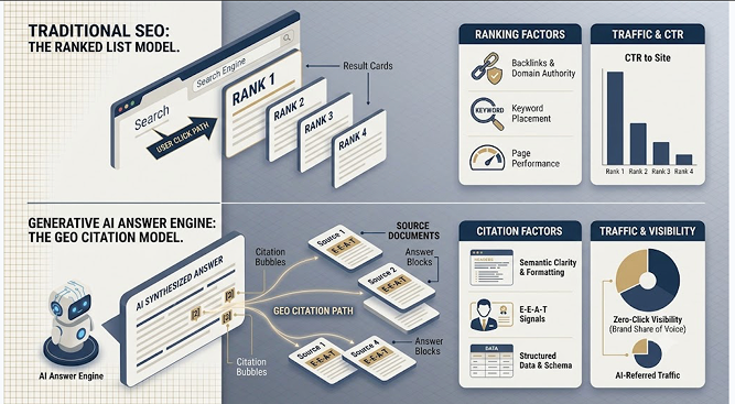 Diagram comparing SEO ranked links with GEO citations in AI answers