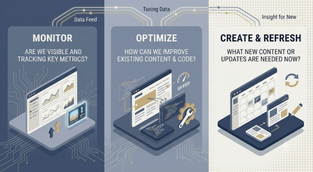Three jobs GEO tools do: monitor, optimize, and refresh content