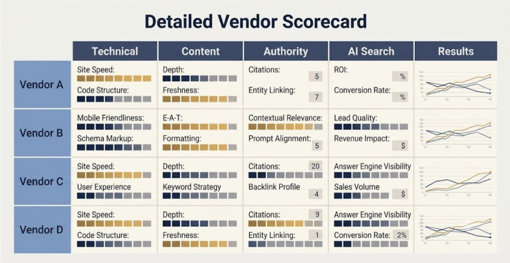 Five-criteria scorecard for evaluating enterprise SEO firms