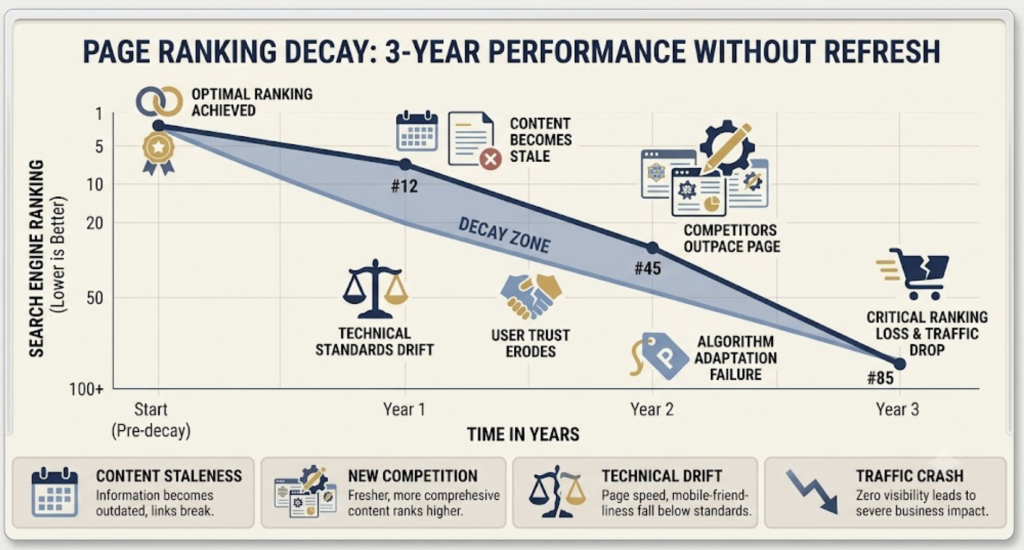Chart of content decay eroding a page's rankings over time
