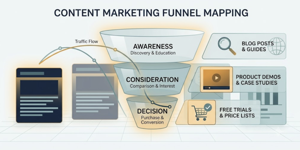 Content marketing funnel mapping content types to buyer journey stages
