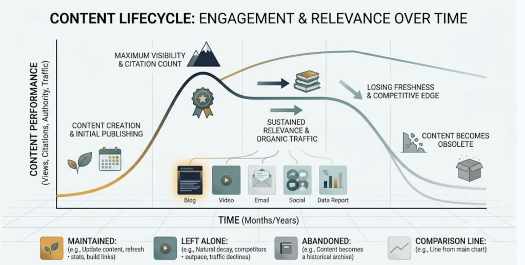 Content decay lifecycle curve from traffic peak through gradual decline