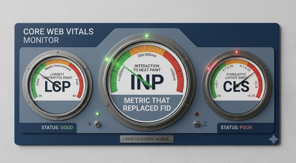 Core Web Vitals gauges for LCP, INP and CLS in an SEO audit