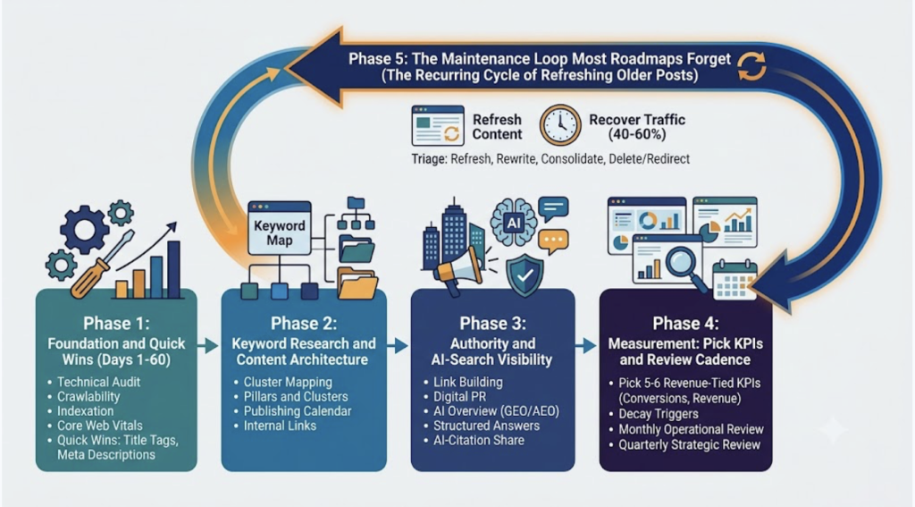 Diagram of the five SEO roadmap phases with the maintenance loop feeding back to earlier stages