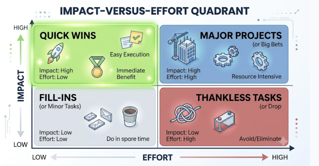 Impact-versus-effort matrix highlighting SEO quick wins in the first 30 to 60 days