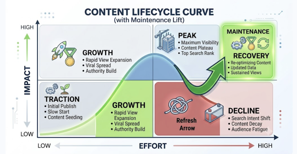 Content decay curve showing a page peaking then declining, with a refresh recovering the lost traffic