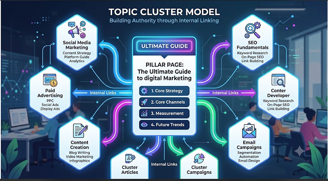 Pillar page and cluster content connected by internal links