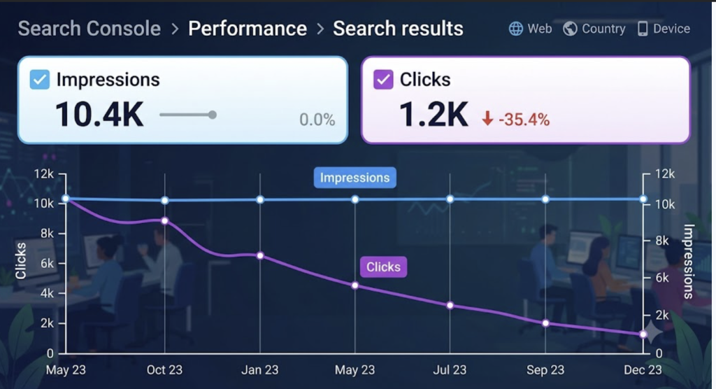 Chart showing flat impressions and falling clicks signaling content decay
