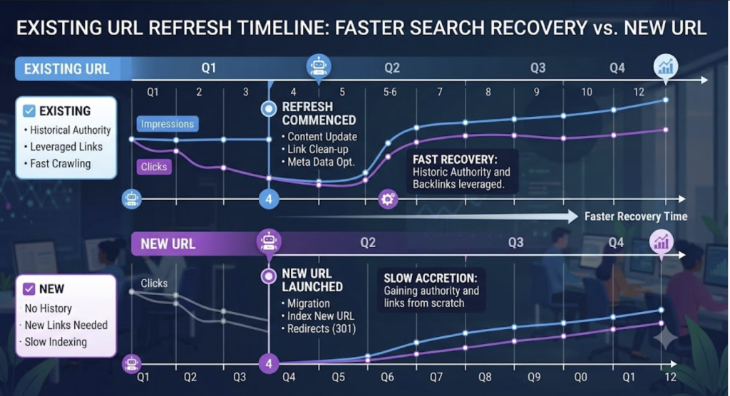 Content refresh timeline showing ranking recovery in two to four weeks
