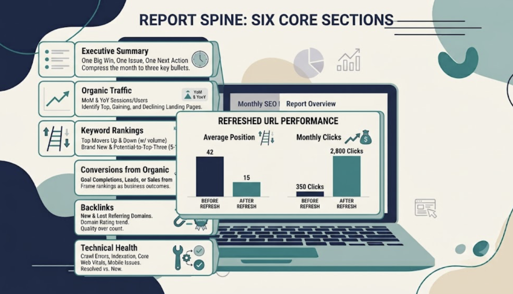 Six core sections of a monthly SEO report laid out in order