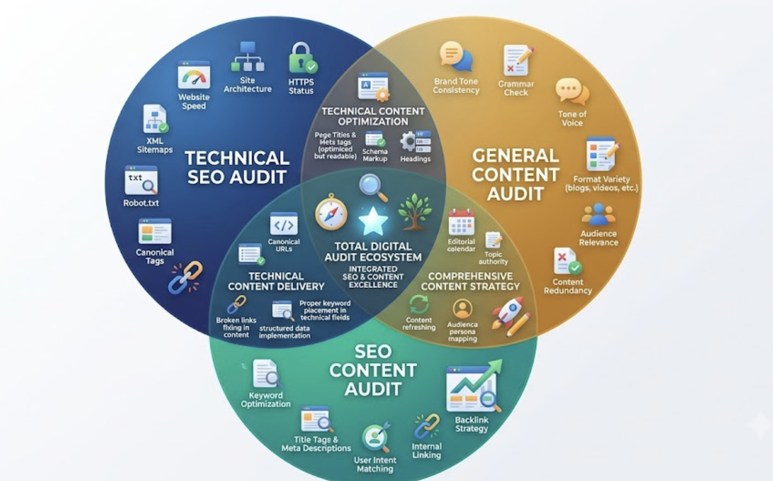 Diagram comparing technical SEO, general content, and SEO content audits