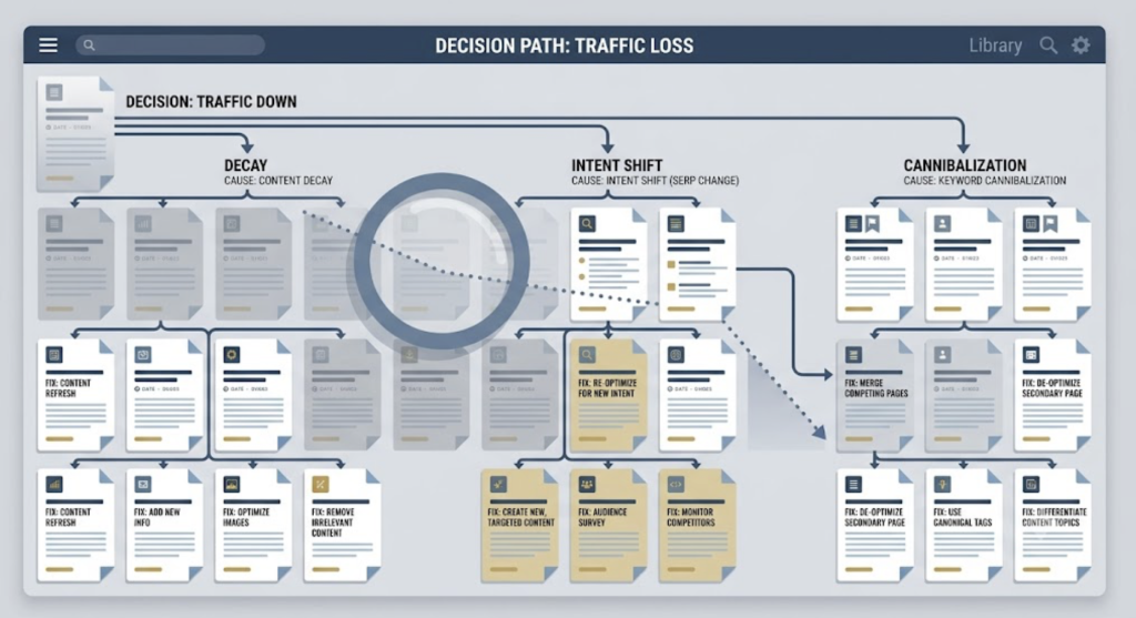 Decision tree diagnosing content decay, intent shift, and cannibalization