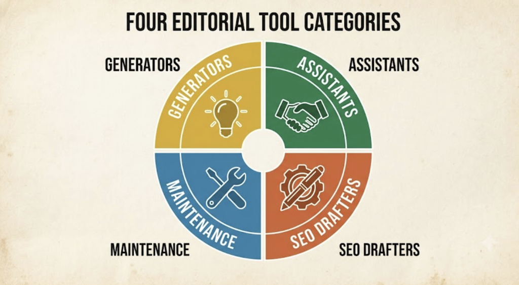 Diagram of four AI writing tool categories by job to be done