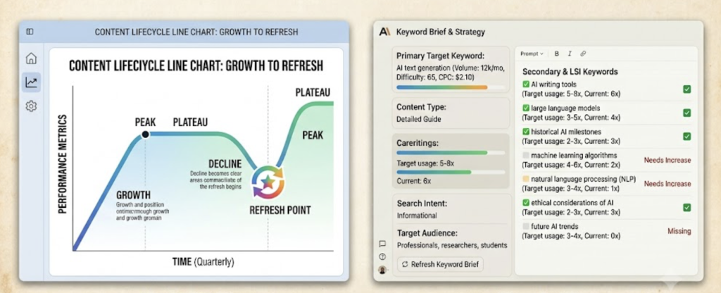 Content decay lifecycle chart showing traffic decline and recovery after a refresh