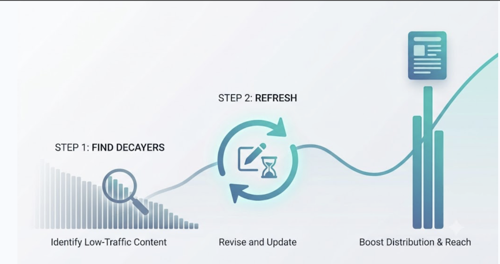 Three-step content promotion framework: find decaying pages, refresh them, then re-promote