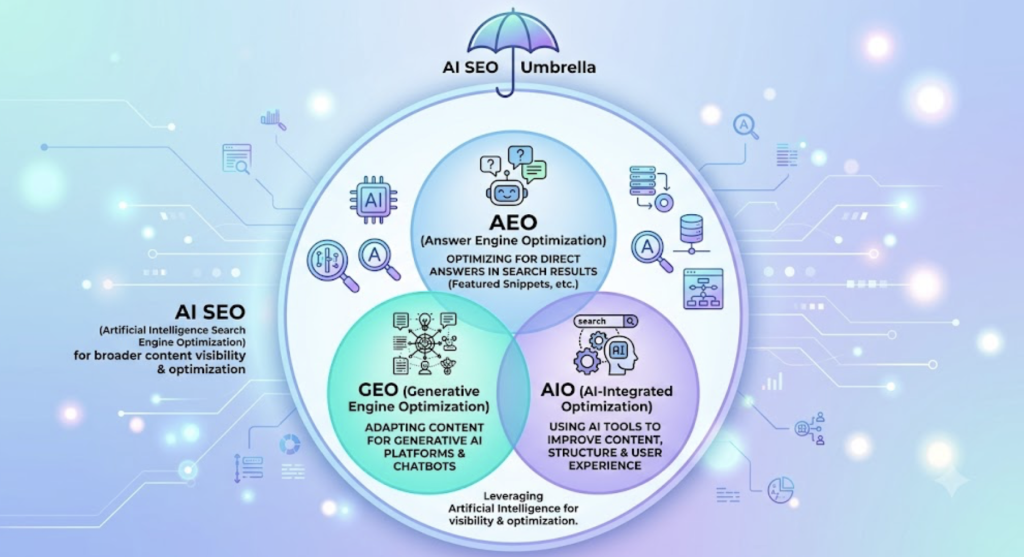 Nested diagram of AI SEO umbrella containing AEO, GEO and AIO Overviews