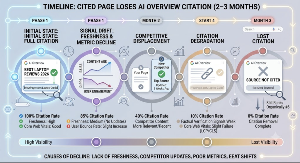 Timeline of a page losing its AI Overview citation over two to three months
