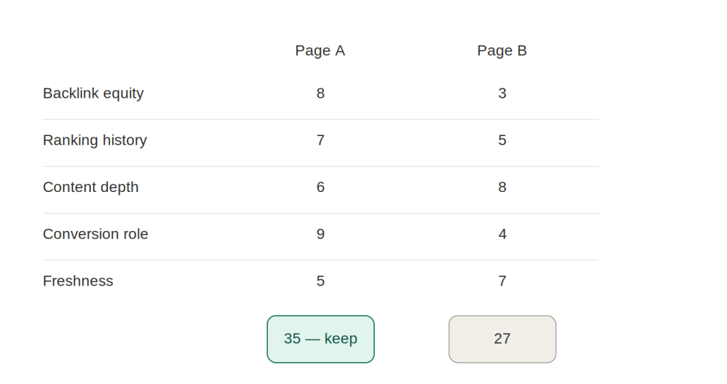 Scorecard comparing two competing pages to decide which URL to keep